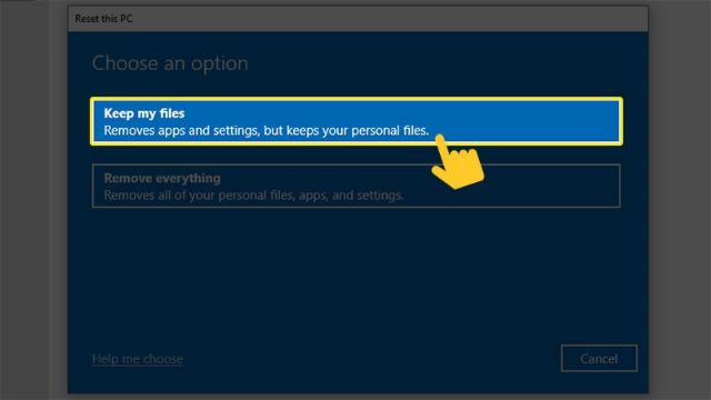 Nhớ chọn “Keep my files” rồi mới click “Reset” để khôi phục cài đặt Windows 10