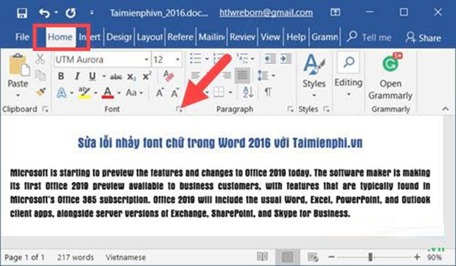 Cách thiết lập font chữ mặc định trong word 2016